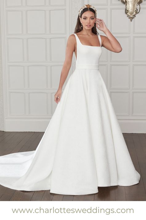 Feel like royalty wearing this ballgown wedding dress from Sincerity Bridal! With a modern square neck, this dress is made from a stunning broacde fabric for a unique and chic design. Charlotte's is the best wedding dress shop in Portland, Oregon with the largest selection of wedding dresses in PDX. Find plus size, a line, fit and flare, beaded wedding dresses and so much more! Shop bridal accessories, veils, jewelry and bridal merch! Square Neck Wedding Dress With Belt, In White Bridal Lancaster, Square Neck Jewelry, Square Neck Ball Gown Wedding Dress, Sincerity Wedding Dress, Square Neck Wedding Dress, Kelsey Rose, Wedding Dresses Styles, Beaded Wedding Dresses