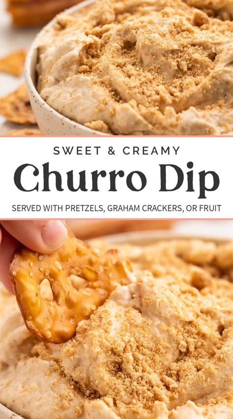 All the flavors of a churro in a sweet, creamy dip! Easy to make ahead and perfect with pretzels, graham crackers, cookies, or fruit, this fun dessert dip is a hit at every event. You can make it keto or gluten-free with a couple easy subs, too! Easy Dessert For Mexican Night, Churro Cheesecake Dip, Margarita Dip With Salted Pretzels, Mexican Dessert Dip, Cinnamon Dip For Pretzels, Dips For Potlucks, Dip Day At Work, Gluten Free Mexican Desserts, Amazing Dips Recipes