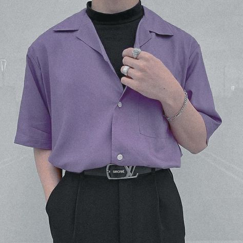 Purple Dark Academia Outfit Men, Purple And Black Mens Outfit, Purple Aesthetic Outfit Men, Purple And Black Outfit Aesthetic Men, Casual Purple Outfit Men, Styling Purple Pants, Purple Outfit Ideas Men, Purple Mens Fashion, Purple Dark Academia Outfit