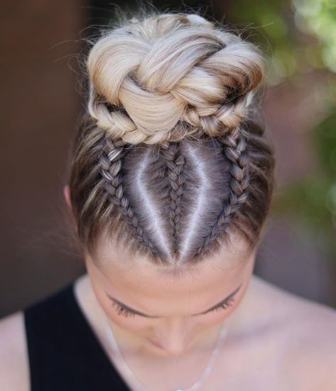 Bun Style, Competition Hair, Gymnastics Hair, Top Knot Hairstyles, Braided Prom Hair, Cool Braid Hairstyles, Cool Braids, Sporty Hairstyles, Braids For Long Hair