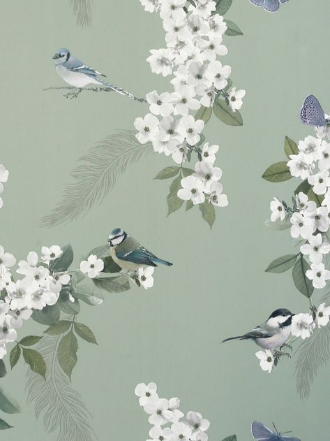 Bird And Flower Wallpaper, Wallpaper Birds And Flowers, Vintage Bird Wallpaper, Watch Backgrounds, Room Moodboard, Parrot Wallpaper, Escape To The Chateau, Soft Sage Green, Bath Redo