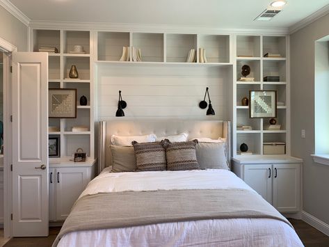 Bed In Front Of Built In Shelves, Shelves For Headboard, Behind Bed Built Ins, Master Bed With Bookshelves, Queen Bookshelf Headboard, King Bed Headboard Storage, Built Ins On Either Side Of Bed, Builtin Bookshelf Headboard, Bed With Wall Storage