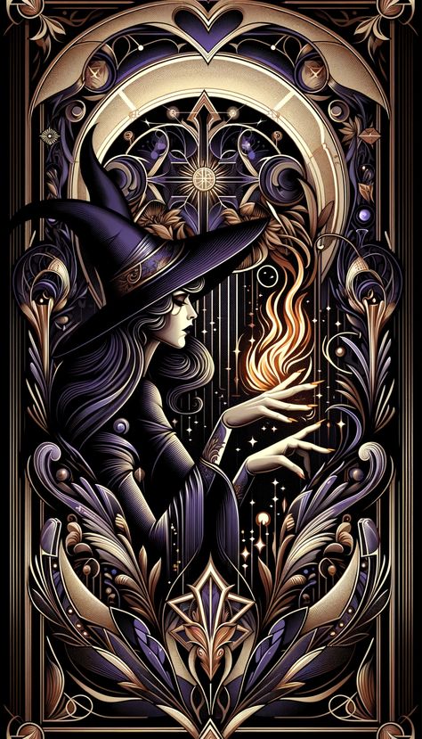 Art deco art nouveau witch magic Goth Art Nouveau, Art Nouveau Witch, Art Deco Witch, 70s Witch, Dark Art Nouveau, Witchy Drawings, Fairy Shoot, Arcane Art, Halloween Tumblers