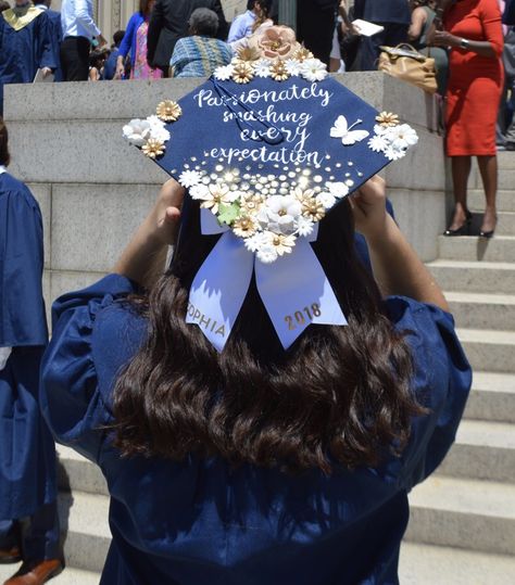 Hamilton High school graduation cap Graduation Cap Designs Navy Blue, Grad Cap Hamilton, Light Blue Graduation Cap Ideas, Blue Grad Cap Decoration, Graduation Hat Ideas High School, Navy Blue Grad Cap Ideas, 8th Grade Grad Cap Ideas, Graduation Cap With Crown, Cap And Gown Designs