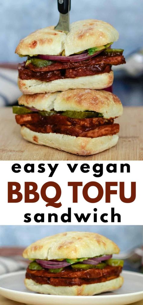 This easy baked BBQ tofu sandwich is made with crispy oven-baked tofu, pickles, onions, and optional avocado or mayo. Includes homemade vegan barbecue sauce marinade recipe, but can be made with store-bought BBA sauce too. Easy to put together whenever a craving for Southern-style vegan comfort food hits! #veganrecipes #veganbbq #veganbarbecue #vegansummerrecipes #vegan4thofjuly #veganlaborday #vegancomfortfood #vegetarian #tofurecipes Barbecue Tofu Sandwich, Bbq Tofu Sandwich, Vegan Bbq Tofu, Vegan Bbq Sauce Recipe, Mcrib Sandwich, Veggie Lunches, Soy Curls Recipes, Vegan Copycat, Vegan Bbq Sauce