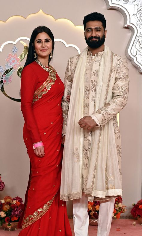 MUMBAI, INDIA - JULY 12:   Indian actor Vicky Kaushal and wife Katrina Kaif attended the Wedding ceremony of Anant Ambani and Radhika Merchant at the Jio World Convention Centre, BKC on July 12, 2024 in Mumbai, India.  (Photo by Raju Shinde/Hindustan Times via Getty Images) Indian Wedding Outfits Guest, Wedding Guests Photos, Ambani Wedding, Radhika Merchant, Anant Ambani, Indian Wedding Clothes For Men, Draping Styles, Vicky Kaushal, Men's Wedding Outfit