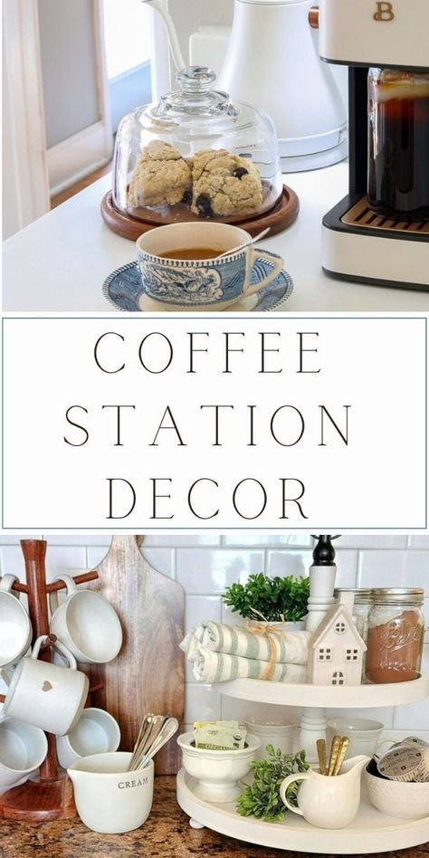 Coffee Station Tray Ideas, Coffee Bar Tiered Tray Ideas, Small Countertop Coffee Bar Ideas, Bar Tray Ideas, Coffee Bar Tray Ideas, Coffee Bar Tray, Holiday Coffee Bar, Coffee Station Decor, Coin Café