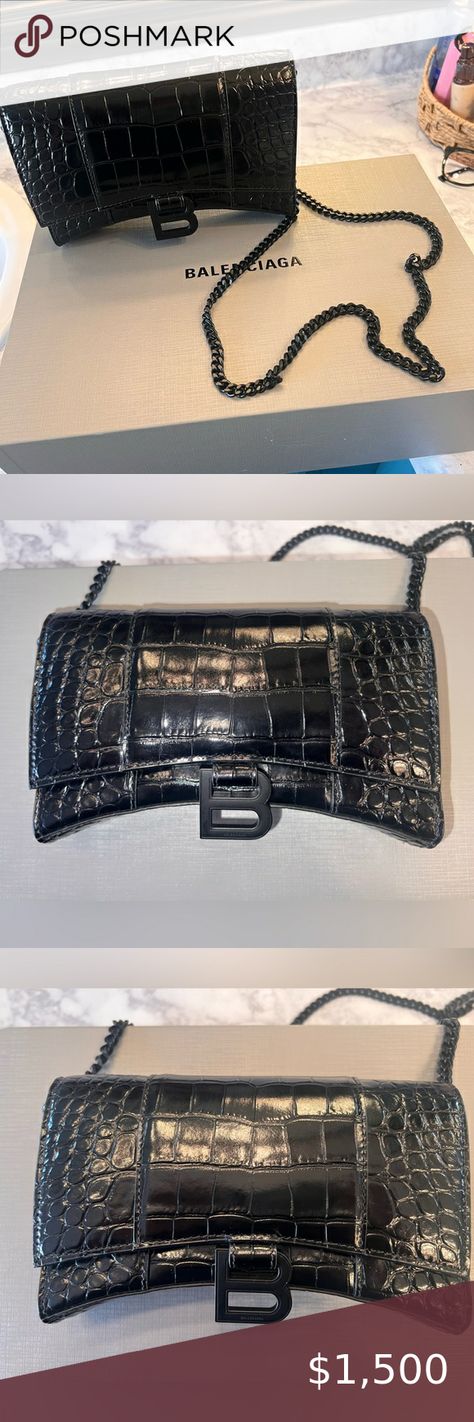 Balenciaga Hourglass Wallet on Chain Balenciaga Hourglass Wallet, Balenciaga Handbags, Wallet On Chain, Balenciaga, Dust Bag, Ribbon, Wallet, Handbags, Chain