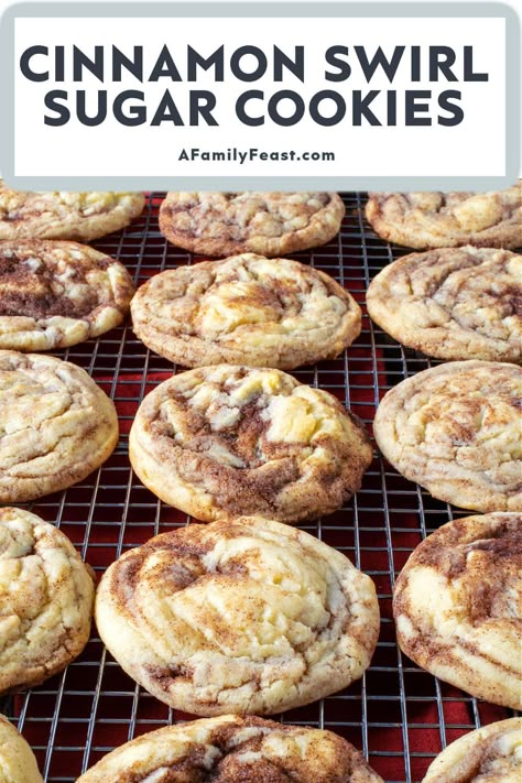 Cinnamon Swirl Sugar Cookies - A Family Feast Brown Butter Cinnamon Crinkle Cookies, Cinnamon Chips Recipes, Brown Sugar Cinnamon Cookies, Cinnamon Roll Cookies Recipe, Cinnamon Cookies Recipe, Cinnamon Roll Sugar Cookies, Cinnamon Rolls Cookies, Cinnamon Chip Recipes, Swirl Sugar Cookies