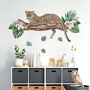 Yovkky Cheetah Leopard Wall Decals Stickers, Safari Jaguar Trunk Palm Leaves Home Bedroom Decor, Wild Jungle African Animal Tropical Flower Living Room Kitchen Decorations Art Girls Wall Stickers, Leopard Wall, Stick Wall Art, Animal Wall Decals, Bedroom Renovation, Smooth Walls, Nursery Inspiration, Tropical Decor, Bedroom Diy