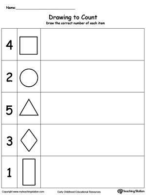 Trace and Drawing Shapes to Count: Practice drawing and counting by looking at each shape and drawing as many copies of the shape as the number listed below each shape. Practice Drawing Shapes, Drawing Worksheets, Math Drawing, Kindergarten Drawing, Drawing Shapes, Shape Worksheets For Preschool, Preschool Number Worksheets, Shapes Worksheet Kindergarten, Writing Practice Worksheets