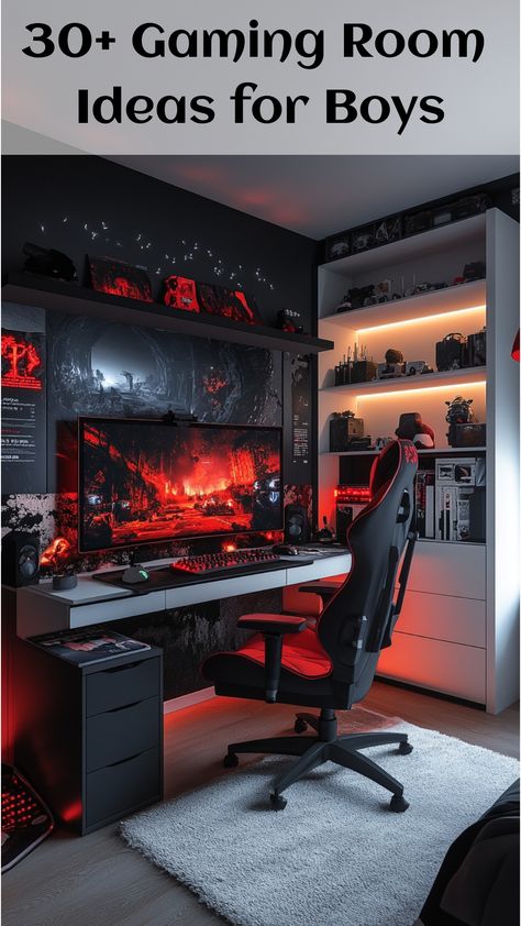 A vibrant gaming room dominated by red, featuring multiple screens and dark furniture, designed to create an intense and energetic environment for hardcore gamers. Game Office Room, Modern Room Setup, Dark Game Room Aesthetic, Gaming Setup Boy, Gamers Room Ideas, Gamer Setup Boy, Bedroom Gaming, Gaming Room Set Up, Family Gaming Room