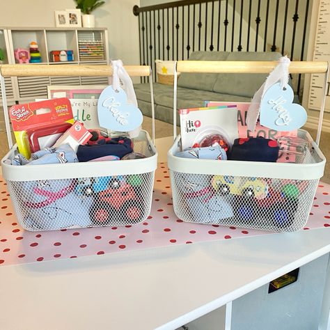 Boy Valentine Basket Ideas, Baskets For Boys, Baby Valentines Gifts, Valentine Baskets, Target Dollar Spot, Toddler Pajamas, Pajamas Gift, Wooden Car, Different Holidays