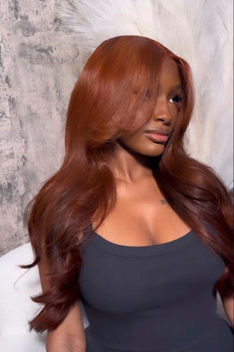 Dark Ginger Hair Tan Skin, Cowboy Copper Black Woman, Cowboy Copper Hair Black Woman, Chestnut Copper Hair, Dye Hair Black Women, Copper Curly Hair Black Women, Red Brown Hair Black Women, Auburn Copper Hair On Black Women, Colored Wig Ideas