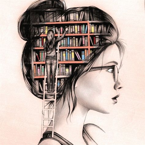 books brain girl library 수채화 그림, Book Drawing, Sketch Art, Girly Art, Art Drawings Sketches, Girl Drawing, Book Nerd, Drawing Sketches, Art Sketches