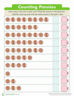 Kindergarten Money Counting & Numbers Worksheets: How Many Pennies Counting Pennies Worksheet, Kindergarten Money, Kindergarten Money Worksheets, Money Kindergarten, Counting Pennies, Money Math Worksheets, Teaching Money, Counting Objects, Hand Lettering Worksheet