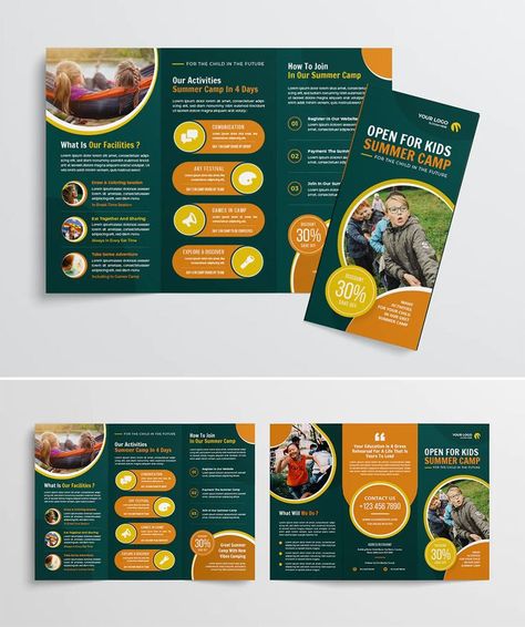 Kids Summer Camp Trifold Brochure Template AI, EPS Camp Brochure, Kids Summer Camp, Travel Brochure Design, Restaurant Brochures, Website Slider, Event Brochure, Brochure Design Layouts, Brochure Graphic, School Brochure