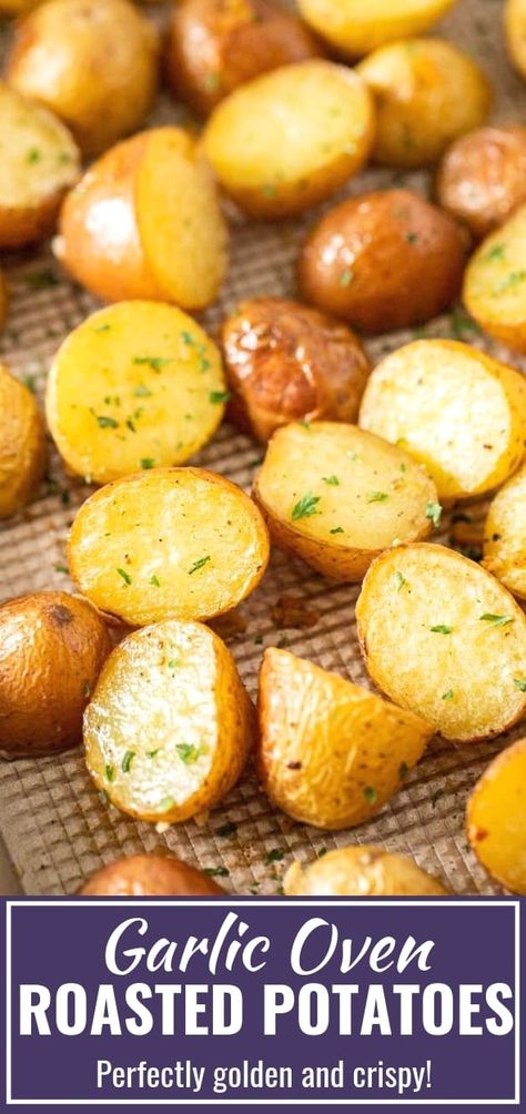 Simple Oven Roasted Potatoes made with Garlic and Parsley make an easy and delicious side dish that only requires a few minutes of prep and goes with so many meals! Whip up these crispy and golden roasted baby potatoes for a dinner that the whole family will love. #roastedpotatoes #ovenroastedpotatoes #sidedish #potatoes #garlicroastedpotatoes #babypotatoes #sheetpanrecipes #sides #dinner #recipe Garlic Oven, Sides Dinner, Oven Roasted Red Potatoes, Baby Potato Recipes, Roasted Baby Potatoes, Oven Roasted Potatoes, Roasted Potato, Roasted Potato Recipes, Easy Potato Recipes