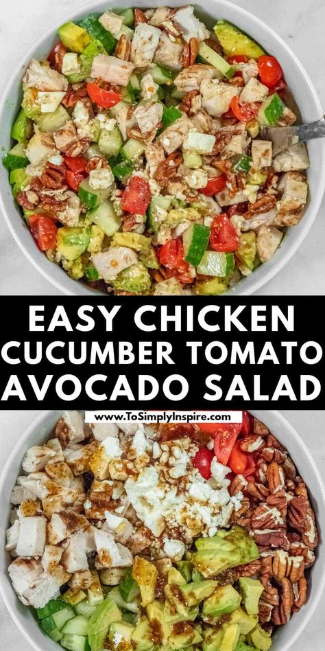 This easy cucumber tomato avocado salad is tossed with diced chicken, feta cheese, and a zesty balsamic vinaigrette. I love the flavors and it is so perfect for lunch or light, healthy dinner idea. Light Healthy Dinner, Recipes Using Cooked Chicken, Chicken Egg Salad, Chicken Cucumber, To Simply Inspire, Tomato Avocado Salad, Chicken Feta, Cucumber Tomato Avocado Salad, Vinegar Chicken