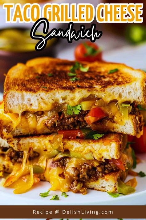 Savor the ultimate comfort food with this Taco Grilled Cheese Sandwich! This delicious recipe combines seasoned ground beef with melty cheese, all nestled between crispy, buttery bread. Topped with fresh lettuce and juicy tomatoes, it’s a fun twist on traditional grilled cheese. Perfect for a quick meal or a tasty snack, this sandwich is customizable with your favorite taco toppings. Check out the full recipe for a unique culinary experience! Taco Panini, Ground Beef Grilled Cheese Sandwich, Mexican Grilled Cheese, Taco Grilled Cheese Sandwich, Unique Grilled Cheese Recipes, December Dinners, Taco Grilled Cheese, Ground Beef Grill, Mexican Sandwich