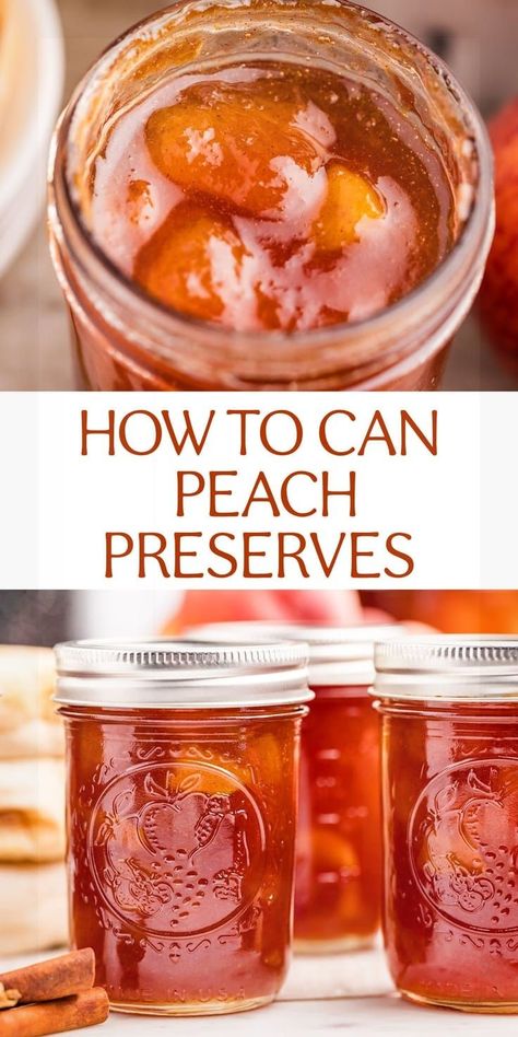 Follow this easy canning recipe to make delicious peach preserves. Perfect for capturing the flavors of summer. Peach Canning Ideas, Canning Peaches Recipes, Canning Peach Pie Filling, Fruit Guide, Peach Preserves Recipe, Canning Fruit Recipes, Spiced Peach Jam, Peaches Recipes, Pickled Peaches