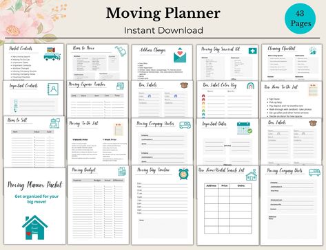 "This moving Checklist and Moving Planner is an excellent way to get organized and simplify your move!  The organizer offers cleaning checklists, box labels and many more resources.  This moving planner includes these pages: A Cover Page Packet Contents Moving Company Quotes Moving Company Notes Moving To-Do List Important Dates Address Changes Important Contacts Cleaning Checklist New Home Search Moving Day Timeline Box Labels Box Label Color Chart To Do List New House Moving Day Survival Kit Moving Budget Items to Sell Inventory Tracker Receipts Moving Expenses Items to Donate Items to Move Simply download and print your PDF document instantly, after purchasing your planner. The PDF will be 43 pages long. Product information: * Your purchase is US Letter size  * Text and colors that are Moving House Checklist Uk, Moving Boxes Organization, Organized Packing For Moving, Packing Up House To Move, Tips For Moving Out Of State, Packing Schedule For Moving, Moving Packing Checklist, Moving Organization Tips, Moving To Do List