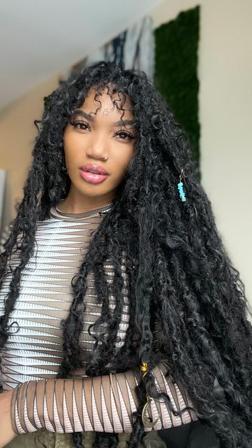 Fluffy Faux Locs, Locs And Curly Hair, Bohemian Goddess Faux Locs Crochet, Locs And Curls, Goddess Locs With Bangs, Curly Hair With Locs, Faux Locs With Bangs, Natural Goddess Locs, Medusa Locs