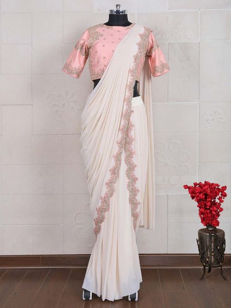 Top styles of ready to wear saree – readymade sarees, #readymadesaree #prestitchsaree #ruffle #ruffletrend #rufflesaree #indianfashion #indianstyle #indianwear #saree #netsaree White Sarees Party Wear, Readymade Saree For Wedding, Designer Saree For Wedding Function, Latest Sarees For Wedding Function, White Fancy Saree, White Saree Party Wear, Latest Saree Trends Party Wear, Sarees For Wedding Function, Readymade Saree Party Wear