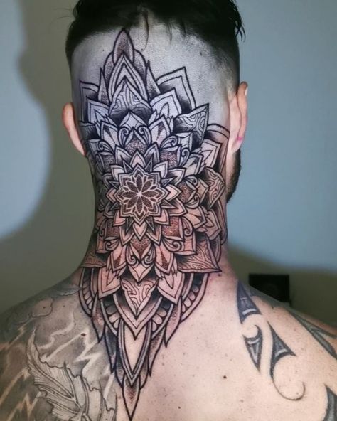 Nape mandala done a while back.. @inkjecta @metrixneedles @platinum_rose_tattoo_aftercare #inkjecta #inkjectaeclipse #metrixneedles… Geometric Head Tattoo, Mandala Head Tattoo, Back Mandala Tattoo, Back Of Head Tattoo, Mandala Tattoo Neck, Mandala Tattoo Men, Dotwork Tattoo Mandala, Nape Tattoo, Mandala Hand Tattoos