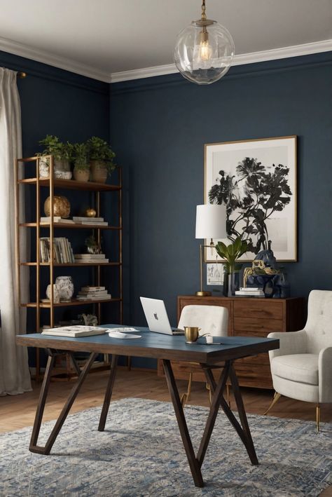 home office decor, bedroom office design, bedroom workspace, workspace design Office With Blue Accents, Home Office Panel Wall, Blue Office Room, Home Study Inspiration, Home Office Dark Blue, Gray Blue Office, Office Ideas Blue, Dark Blue Office Ideas, Teal Office Walls