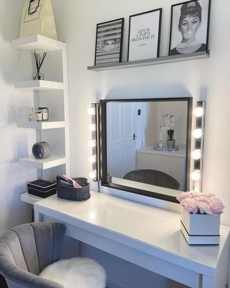 Malm Dressing Table, Small Dressing Rooms, Dressing Room Decor, Wall Shelf Unit, Makeup Room Decor, Beauty Room Decor, Bedroom Decor For Teen Girls, Redecorate Bedroom, Teen Bedroom Decor