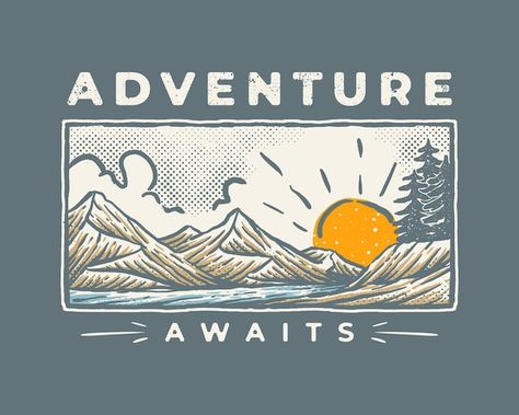 Vintage outdoor adventure illustration | Premium Vector #Freepik #vector #wilderness #outdoor-adventure #adventure #landscape-illustration Adventure Mural, Wilderness Illustration, Outdoors Illustration, Outdoor Illustration, Tumblr Design, Adventure Illustration, Camping Illustration, Vintage Tshirt Design, 2 Unlimited