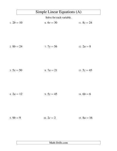 The Solving Linear Equations -- Form ax = c (A) Math Worksheet from the Algebra Worksheets Page at Math-Drills.com. Multi Step Equations Worksheets, Graphing Linear Inequalities, 7th Grade Math Worksheets, Literal Equations, Graphing Inequalities, Solving Inequalities, Absolute Value Equations, Graphing Linear Equations, 6th Grade Worksheets