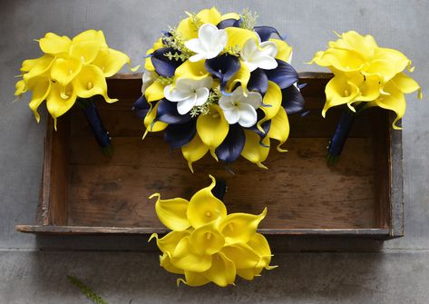 #Navy #Yellow Wedding Bouquets Real Touch Callas Lilies Bridesmaids Bouquets Boutonnieres White Navy Bridal Bouquet #etsy #weddings #bouquet #silkbridalbouquet #callalilybouquet #callabridalbouquet #weddingbouquets #weddingflowers #realtouchplumeria #silkweddingflowers Navy Yellow Wedding, Yellow Wedding Bouquets, Calla Lily Bridesmaid Bouquet, Navy Bridal Bouquet, Calla Lily Boutonniere, Yellow Wedding Bouquet, White Boutonniere, Silk Bridal Bouquet, Round Bouquet