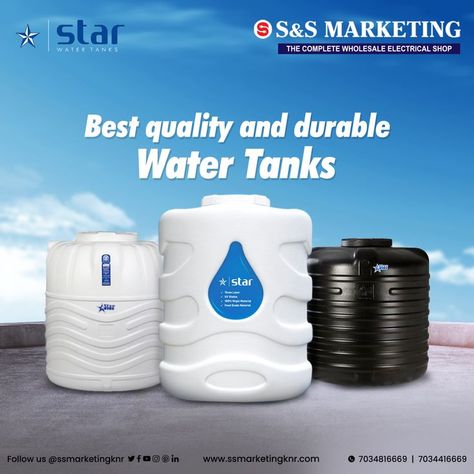 Best quality and durable water tanks #ssmarketing #watertanks #water #star #starwatertanks #tanks #watertank #savewater #plumbingitems #kannur #kerala Electrical Shop, Steel Water Tanks, Water Storage Tanks, Water Tanks, Graphic Design Flyer, Storage Tanks, Home Appliance, Water Storage, Save Water