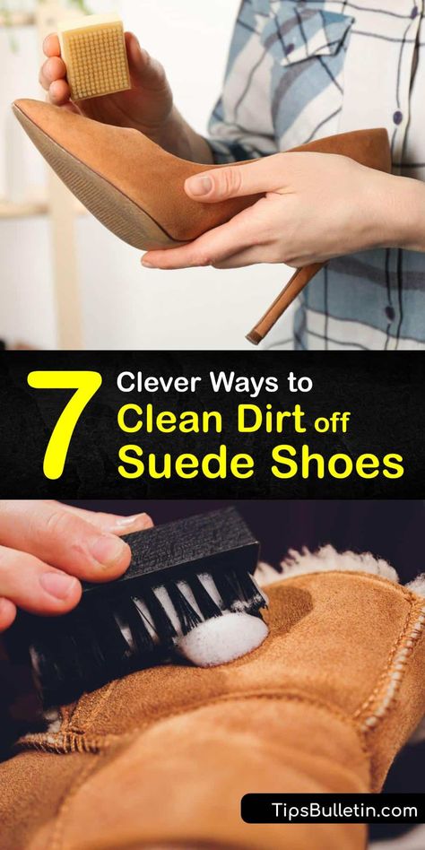 Remove scuff marks and clean suede shoes correctly with cornstarch, a dab of white vinegar, or a pencil eraser. During the cleaning process, rub a brush with a soft bristle in a circular motion. Cleaning suede shoes demands careful attention. #howto #clean #suede #shoes #dirt Suede Shoe Cleaner, Cleaning Suede, Clean Suede Shoes, Clean Suede, Diy Household Cleaners, Suede Cleaner, How To Clean Suede, Shoes Hack, Dirt Stains