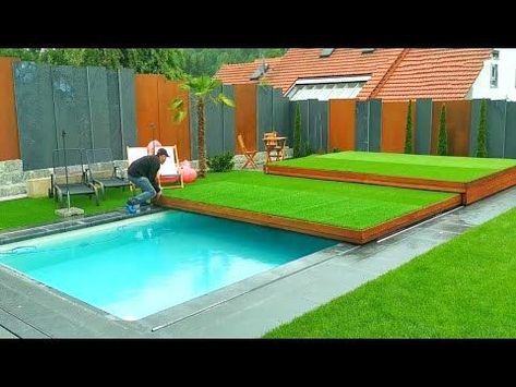 Pool Covers You Can Walk On, Diy Inground Pool Cover, Pools With Automatic Covers, Swimming Pool Covers Ideas, Pool With Automatic Cover, Disappearing Pool, Pool Design Plans, Rustic Outdoor Spaces, Mini Swimming Pool