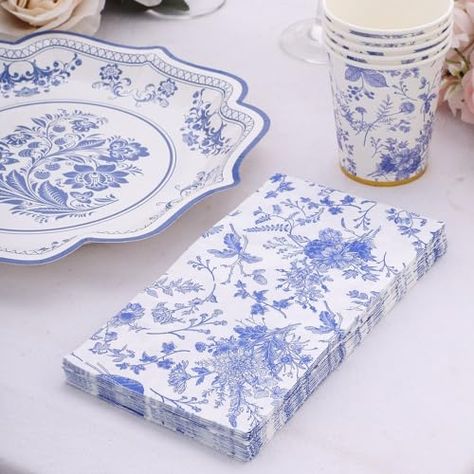 Paper Dinner Napkins, Toile Pattern, Blue Bridal Shower, Blue Chinoiserie, French Toile, Blue Toile, White Napkins, Spanish Tile, Printed Napkins