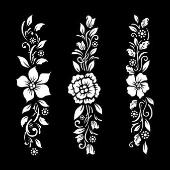 Henna Stencils, Floral Banners, Vintage Borders, Floral Border Design, Flower Pattern Design, Flower Stencil, Temporary Tattoo Designs, Black And White Flowers, Carving Designs