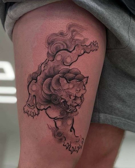 Traditional Japanese Dog Tattoo, Chinese Tattoo Traditional, Japan Lion Tattoo, Small Foo Dog Tattoo, Traditional Chinese Tattoo Art, Chinese Animal Tattoo, Vietnamese Lion Tattoo, Foo Dog Face Tattoo, Chinese Lion Tattoo Foo Dog