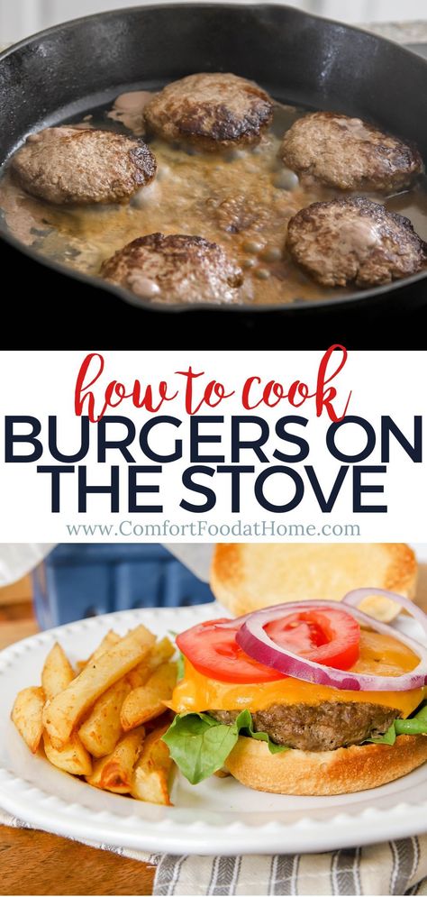 Even when the weather is gorgeous and we all want to be on our patios, firing up a grill isn't always an option. That's when we cook burgers on the stove. It's faster, makes less of a mess and, if you do it correctly, taste as good as a grilled burger (or better)! Hamburgers On The Stove, Stovetop Burgers, Cooking Burgers, Burgers On The Stove, How To Cook Hamburgers, Best Broccoli Salad Recipe, Easy Burgers, Hamburgers Grilled, How To Cook Burgers