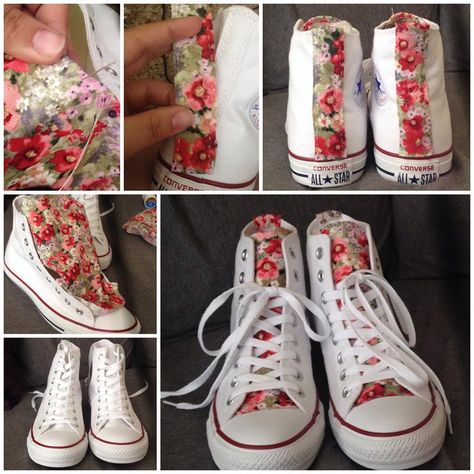 Floral Fabric added to white high top Converse. Upcycle Converse, Canvas Shoes Painting, Embroidery Shoes Diy, Heart Converse, Diy Converse, Upcycle Shoes, Style Taylor Swift, Boots Diy, Shoe Refashion