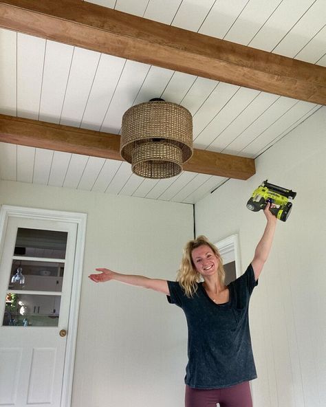 As I started my sunroom renovation I had so many different ideas for the ceiling! I contemplated between a black planked ceiling and a white planked ceiling with faux beams. Black ultimately just didn’t seem right for a sunroom in my opinion. I started by planking my ceiling using 1/4in plywood and painting it white! Then I tackled some DIY faux ceiling beams and I am so happy with how they turned out!! Here is the before! Using my stud finder, I marked my joists with electrical tape… Sunroom Renovation, Planked Ceiling, Faux Ceiling Beams, Plywood Ceiling, Diy Crown Molding, Beams Living Room, Wood Plank Ceiling, Shiplap Ceiling, White Beams