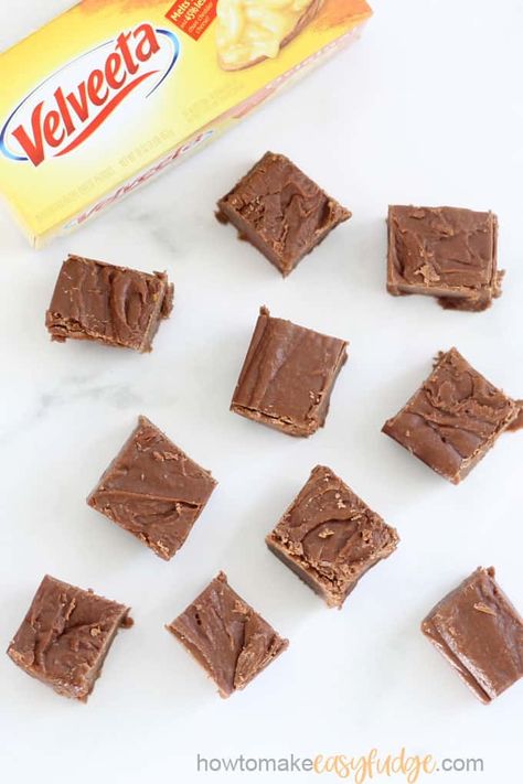 Velveeta fudge -- chocolate velveeta fudge in the microwave. Velveeta cheese is the surprise secret ingredient in this amazing, easy fudge recipe. #fudge #velveetafudge #easyfudgerecipe #bestfudgerecipe #homemadefudge #nobakedesserts #chocolatefudge #microwavefudge Velvetta Fudge, Velveeta Fudge Recipe, Cheese Fudge Recipe, Velveeta Fudge, Recipes With Velveeta Cheese, Best Fudge Recipe, Easy Fudge, Microwave Fudge, Christmas Fudge