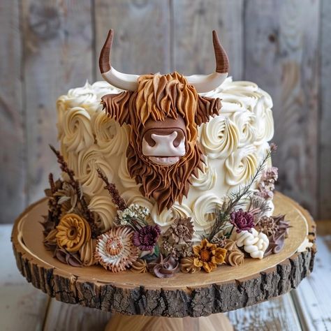 Ranch Cake Birthday, Country Style Birthday Cake, Highland Cow Birthday Cake Ideas, Western Cake Ideas For Women, Country Themed Cake, Country Cakes Birthday, Western Themed Cake, Highland Cow Baby Shower Cake, Western Sweet 16 Ideas