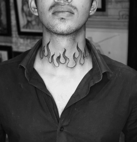 Flames Neck Tattoo Men, Neck Flame Tattoo, Spinal Cord Tattoo Men, Halloween Neck Tattoo, Flame Neck Tattoo Men, Fire Neck Tattoo Men, Flame Chest Tattoo, Fire Tattoo Men, Flames Neck Tattoo