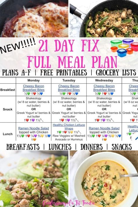 Looking for a 21 Day Fix Meal Plan to get you back on track?  I've gotcha covered - and this one contains breakfast, lunch, dinner, and snacks, plus FULL printable grocery list and prep tips for your week! Options for with or without Shakeology and all brackets. Awesome for beginners and perfect meals for your whole family. Ww Meal Plan, Confessions Of A Fit Foodie, 21 Day Fix Plan, 21 Day Fix Breakfast, 21 Day Meal Plan, 21 Day Fix Diet, 21 Day Fix Meal Plan, Fit Foodie, 21 Day Fix Meals