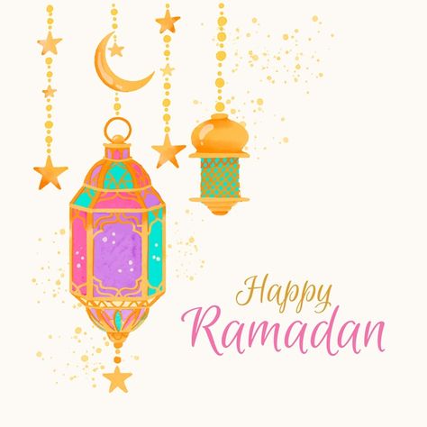 Watercolour happy ramadan and lamps Free... | Free Vector #Freepik #freevector #ramadan Happy Islamic New Year, Happy Muharram, Ramadan Wishes, Muslim Holidays, Ramadan Kareem Decoration, Ramadan Background, Ramadan Greetings, Fruit Coloring Pages, Ramadan Activities