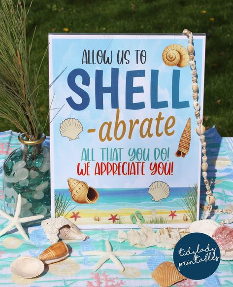 Coastal Beach Theme Teacher Appreciation Week Printable Party Set — TidyLady Printables Beach Theme Retirement Party Ideas, Beach Themed Teacher Appreciation, Beach Theme Teacher Appreciation Week, Teacher Appreciation Week Door, Teacher Classroom Posters, Welcome Back Gifts, Teacher Appreciation Doors, Room Parent, Pta Ideas