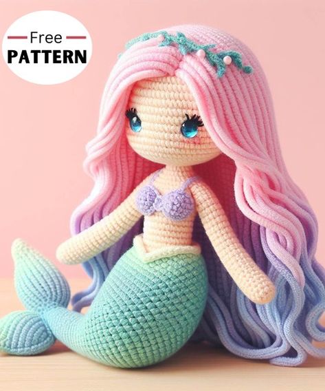 Aurora Mermaid Amigurumi Pattern Mermaid Crochet Pattern Free, Little Mermaid Crochet, Beautiful Amigurumi, Mermaid Amigurumi, Mermaid Crochet Pattern, Amigurumi Patterns Free, Crochet Doll Clothes Free Pattern, Crochet Fish, Crochet Doll Tutorial